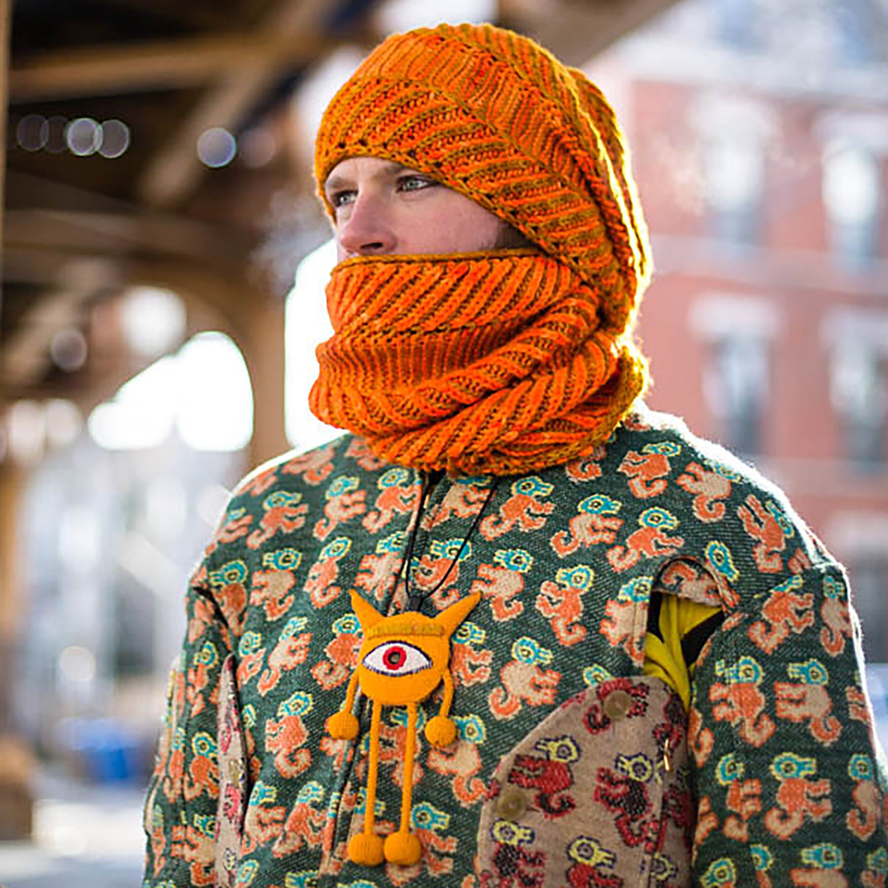 Soft Stylish Woman Scarf/Cowl good Knitted In Orange variegated Yarn, 15' deep/ 44